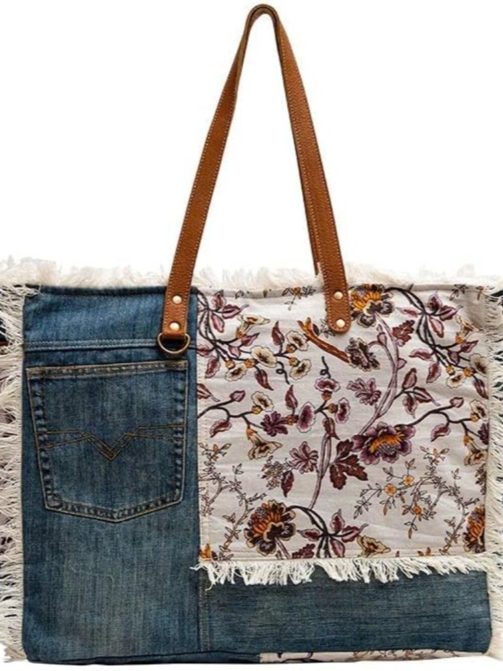 Patchwork Purse - Canvas Purse for Women with Real Leather Strap, Fabric Patchwo